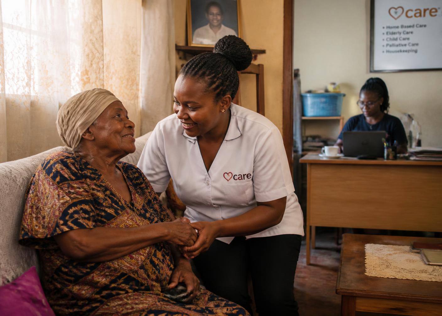 A Jazza Centre caregiver supporting an elderly client at home